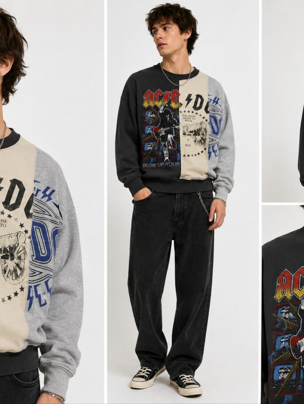 AC/DC Patchwork Graphic Sweatshirt XL 2022 Reconstructed Grunge Rock Crewneck